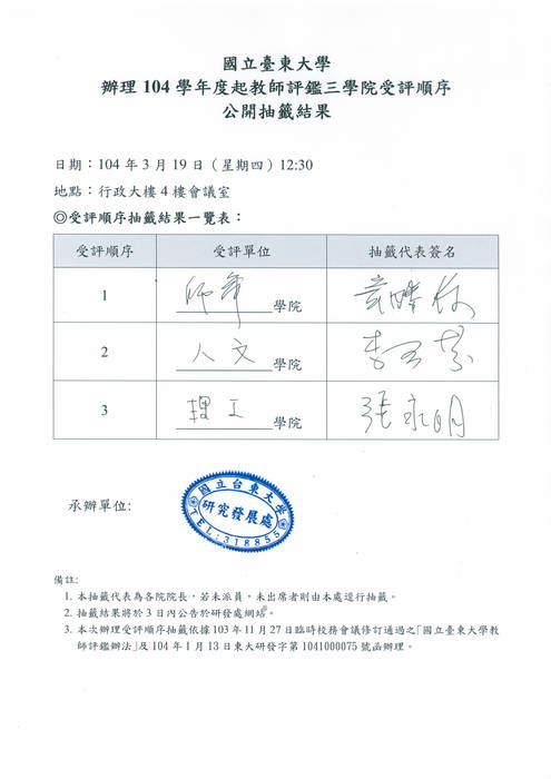 【研發處】公告-辦理104學年度起教師評鑑三學院受評順序公開抽籤結果圖片