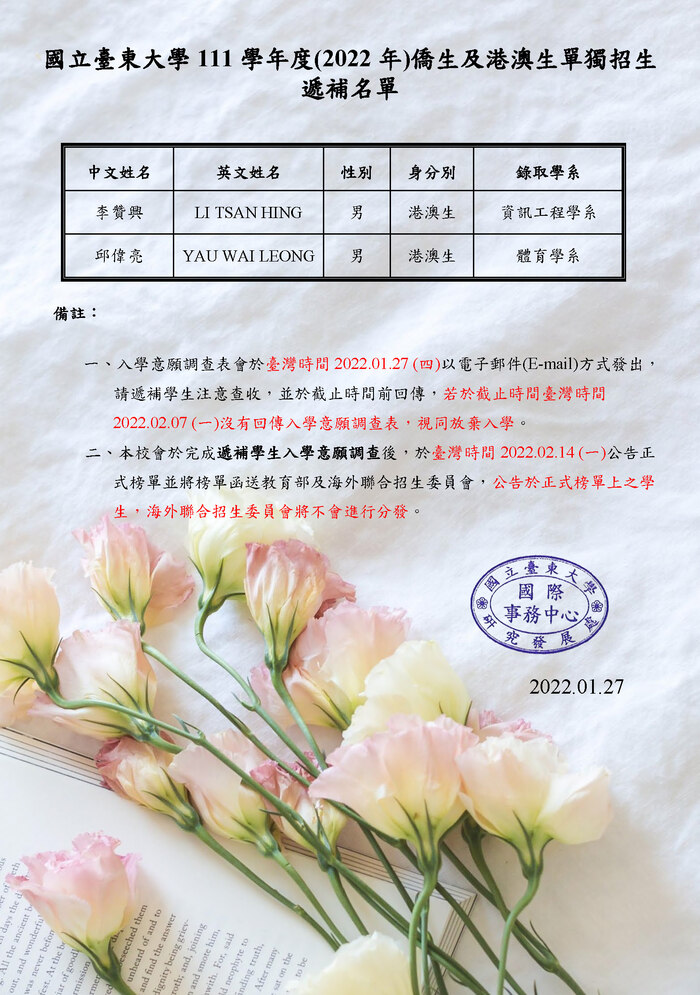 【研發處】國立臺東大學111學年度(2022年)僑生及港澳生單獨招生遞補名單公告圖片